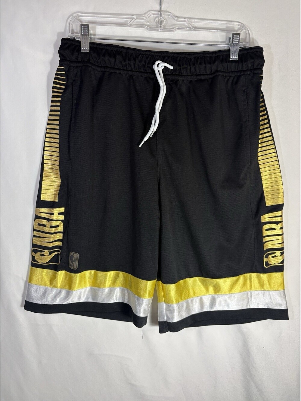 NBA Basketball Shorts Mens S Black Gold Logo 11” Inseam Drawstring Pockets